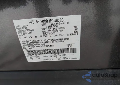 2016 Ford Explorer Xlt from USA, damaged, VIN 1FM5K7D83GGC38852